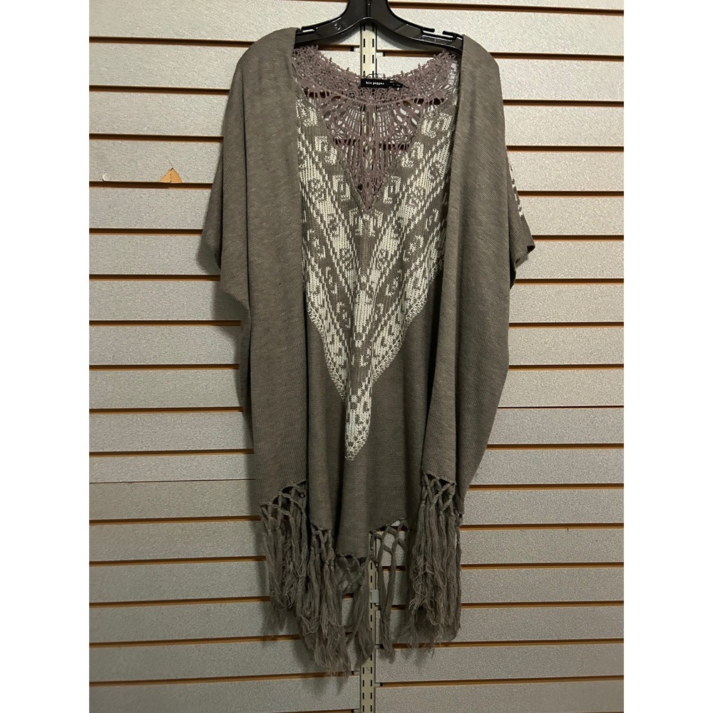 Blu Pepper Women Large Taupe Geometric Knit Fringe Poncho Crochet Lace V-Neck